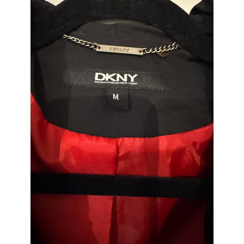DKNY Black Ruffle Trim Front Zip Trench Coat Jacket Red Lining Medium - Picture 2 of 4
